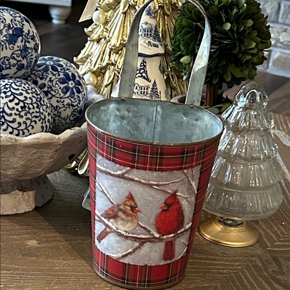 Other - MEW! Winter Holiday Red Plaid Cardinal Bird Metal Wall Vase Bucket